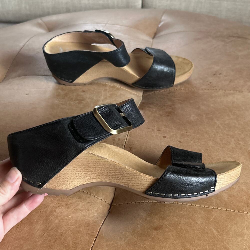 Dansko Leather Sandals Black Adjustable Strap Comfort Clog Wedge EU 38 Women